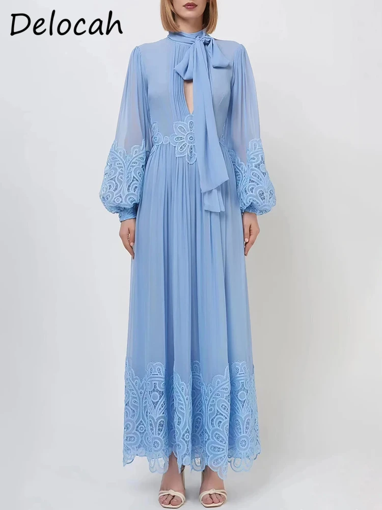 Delocah Висококачествено Есен Дамско Модно Синя рокля за подиум с дълъг ръкав-фенерче, драпированное лък, рокли с висока талия, Плиссированный завързана подгъва