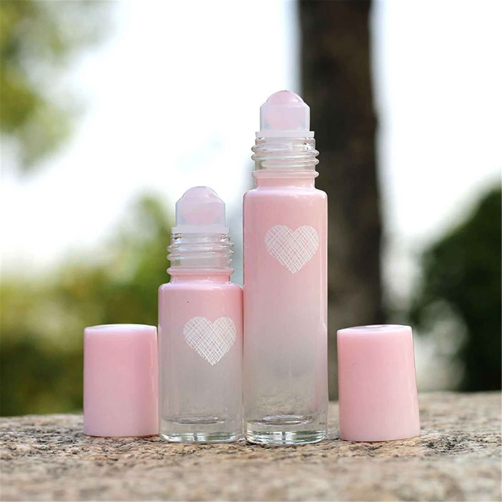 Бутилка с топка от розово стъкло обем 5/10 мл за многократна употреба опаковка парфюм за етерични масла, Портативен контейнер за козметика за жени и мъже