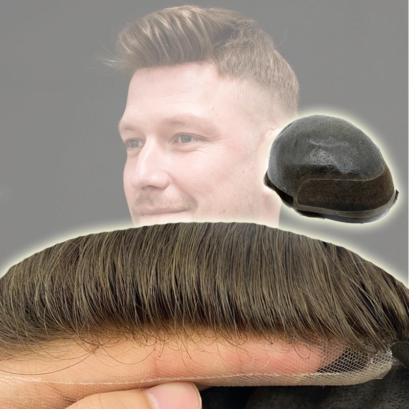 Висококачествен мъжки перука от швейцарския дантела с двоен възел, система за подмяна на естествени човешки косми, мъжки протеза за коса