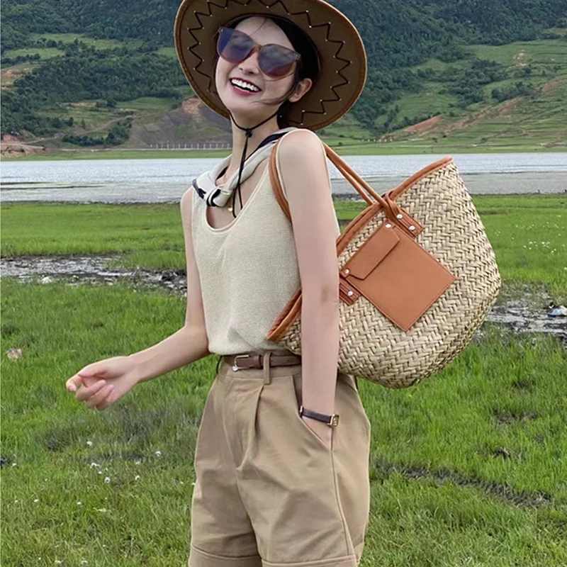 Ежедневна чанта за количка от ратан, дизайнерски плетени Дамски ръчно изработени чанти, летни плажни сламени чанти през рамо, голям портфейл-тоут