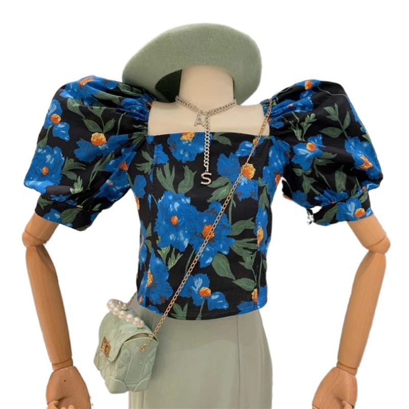 Нови Летни памучни блузи със синьо принтом и сладък квадратна яка, градинска дрехи, Удобни Ризи, Реколта дамски блузи