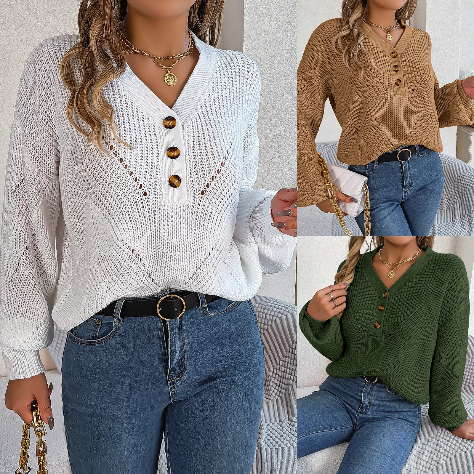 Пуловер за жените, нови есенно-зимни копчета с V-образно деколте, модерен случайни комплект с ръкави-фенерчета, блуза